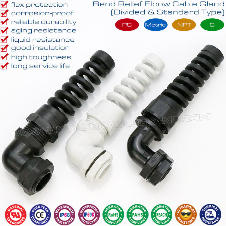 PG & Metric Thread Elbow Plastic Cable Glands, IP68 Right Angle Nylon Cable Glands with Spiral Flexible Protector