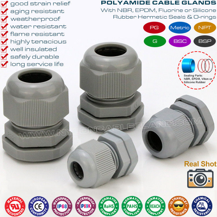 Polyamide Cable Glands PG7~PG48, Nylon Cable Strain Reliefs M12~M75, Dark-grey Ral 7005, IP69K & IP68