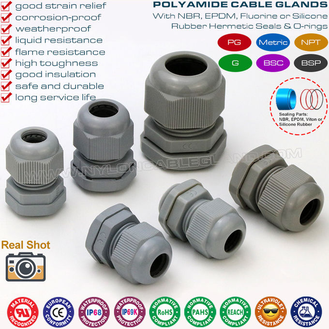 IP69K Dark Grey Plastic PG Cable Glands and IP68 Watertight Adjustable Synthetic Metric Cable Strain Reliefs