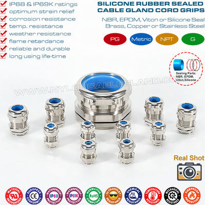 Adjustable PG Brass Cable Glands, IP68 Watertight Copper Cable Glands with Heat-proof Blue Silicone Seals & O-rings