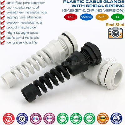 Nylon (Polyamide) Cable Gland, Spiral Type, IP68 Version, PG or Metric Pitch, Gray or Black, for Electrical Cabinet