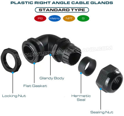 IP68 Right Angle (Elbow) Plastic Cable Glands PG9~PG29 / M16~M32 / NPT 3/8"~NPT 1" with PG, Metric and NPT Threads