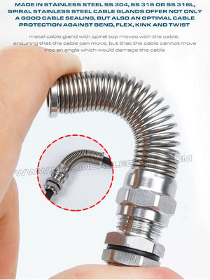 IP68 Hermetic Stainless Steel M12~M50 Metric Cable Glands Type 304 / 316 / 316L with Anti-kink & Anti-bend Protection