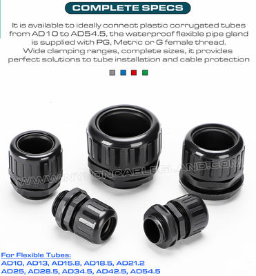 IP68 Plastic Straight Connectors, Adjustable Nylon 6 Cable Glands Waterproof Joints c/w M12~M63 Threads for AD10~AD54.5 Flexible Tubes
