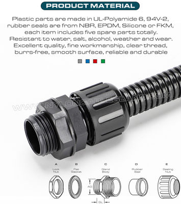 IP68 Plastic Straight Connectors, Adjustable Nylon 6 Cable Glands Waterproof Joints c/w M12~M63 Threads for AD10~AD54.5 Flexible Tubes