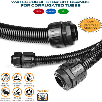 IP68 Plastic Straight Connectors, Adjustable Nylon 6 Cable Glands Waterproof Joints c/w M12~M63 Threads for AD10~AD54.5 Flexible Tubes