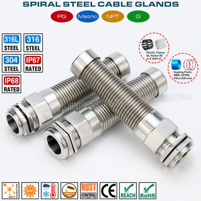 Spiral Metal Cable Glands NPT1/4-NPT3/4 Stainless Steel Flexible Cable Glands, 304, 316 or 316L Type, IP68 Version, NPT Pitch