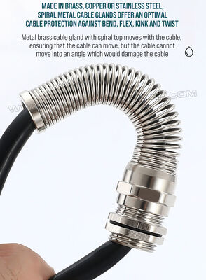 Spiral Metal Cable Gland Nickel-Plated Brass with Strain Relief, PG13.5 (Ø 6-12 mm), DIN 40430/EN 62444, for Cable Bend Protection