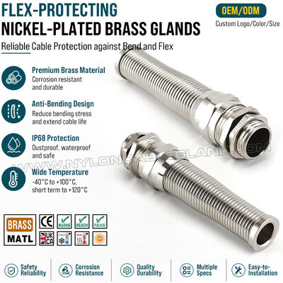 Spiral Metal Cable Gland Nickel-Plated Brass with Strain Relief, PG13.5 (Ø 6-12 mm), DIN 40430/EN 62444, for Cable Bend Protection