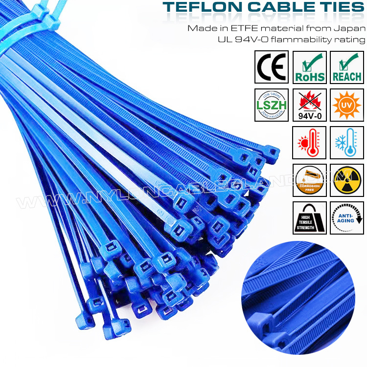ETFE Blue Cable Tie 3.6x200mm, 94V-0 Fireproof Teflon Cable Tie Temperature Resistant Tefzel Cable Tie for Harsh Environments