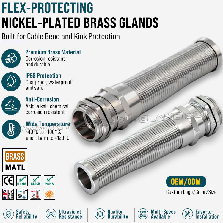 Spiral Metal Cable Gland Nickel-Plated Brass with Strain Relief, PG13.5 (Ø 6-12 mm), DIN 40430/EN 62444, for Cable Bend Protection