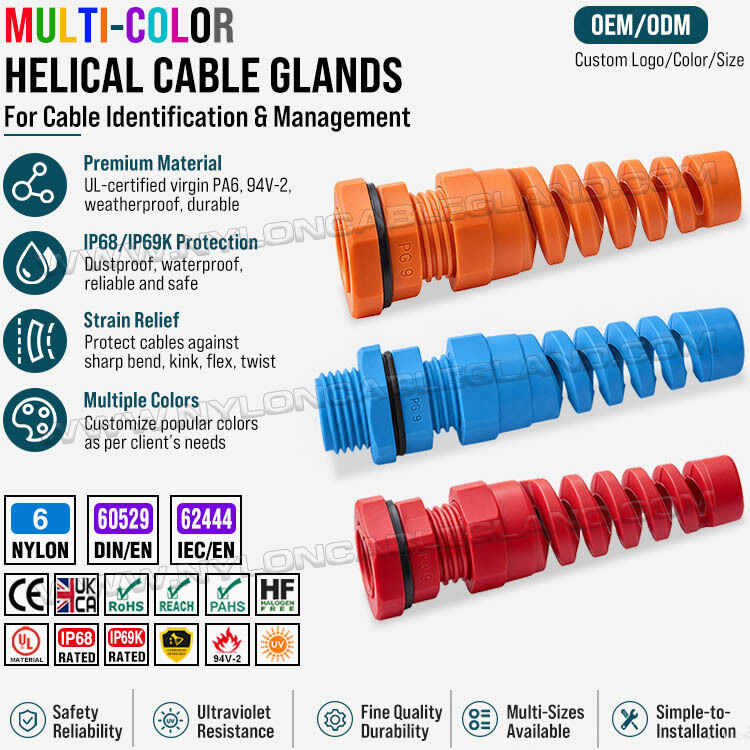 Colored Spiral Cable Glands with Strain Relief (Blue, Red, Green, Yellow, Gray, Black), Nylon Polyamide 6, PG9, UL94V-2, for 4-8 mm & 2-6 mm Cables