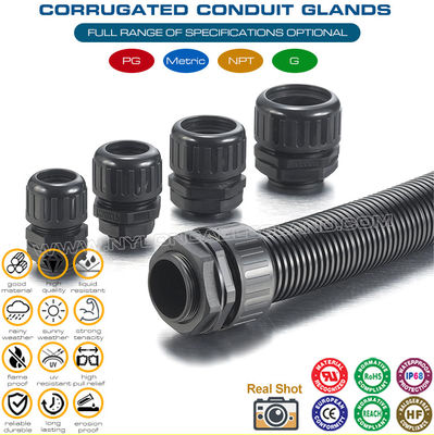 Presse-étoupes conduits ondulés en plastique étanches IP68 avec filetage PG pour tubes flexibles AD10-AD54.5