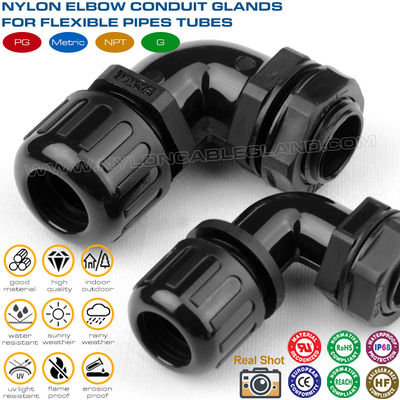 Presse-étoupes conduits flexibles plastique étanche IP68 coude 90° avec filetage métrique pour tuyaux ondulés AD13-AD48