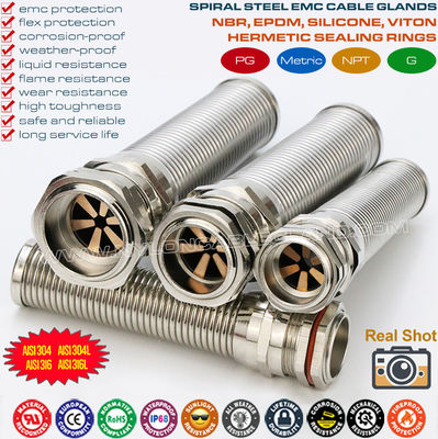 Presse-étoupes filetage NPT en acier inoxydable CEM (IP68) avec protecteur flexible en spirale