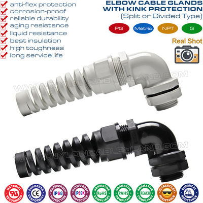 Presse-étoupes flexibles plastique PG coudé à 90 degrés (angle droit) avec protecteur de câble en spirale