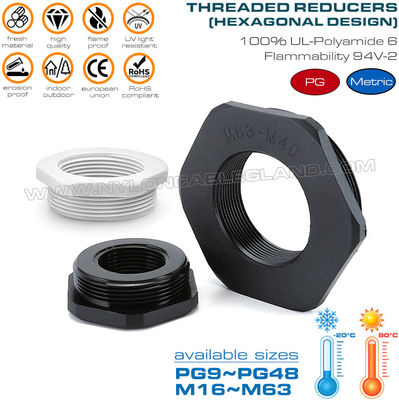 Réducteurs hexagonaux plastique filetage mâle vers femelle PG9~PG48, réduction hexagonale nylon filetage mâle vers femelle M16~M63 pour l'électricité