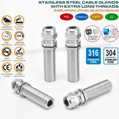 Presse-étoupes à filetage long IP68, acier inoxydable EN 1.4404/1.4401/1.4301, métrique M12-M100, pour boîtiers épais