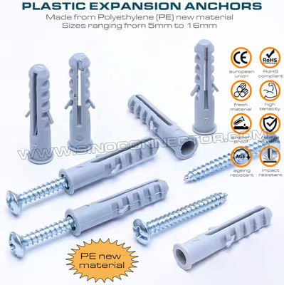 Chevilles à expansion (ancrages d'expansion) plastique à double aile et vis, type poisson, polyéthylène, Ø5~Ø16mm, pour mur en béton