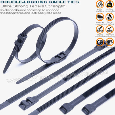 Colliers de serrage à double verrouillage /colliers serre-câbles à double tête plate, noir, nylon (PA) 6.6, 760x9mm, 110lbs, 500N, Ø20~220mm, usage extérieur