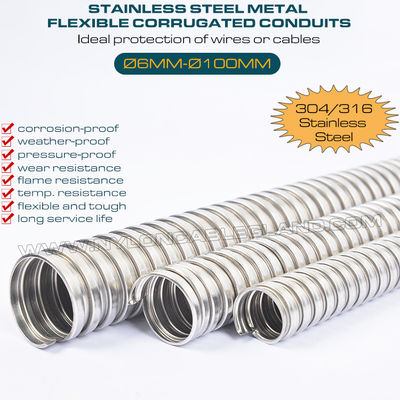 Tubes conduits métalliques ondulés flexibles Ø6mm~Ø100mm, tuyaux tubes ondulés acier inoxydable 316 & 304 avec tension axiale de 36 kgf~600 kgf pour protection des fils