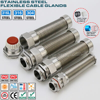 Glandes de câbles métalliques en spirale NPT1/4-NPT3/4 Glandes de câbles flexibles en acier inoxydable, de type 304, 316 ou 316L, version IP68, hauteur NPT
