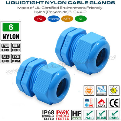 Connecteur de câble étanche M25x1.5 Glande de câble en plastique IP68, portée 13-18 mm, nylon (PA 6, UL746C-f1 classé, utilisation extérieure