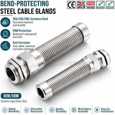 IP68 Presse-étoupe flexible spiralé M32x1.5 (Ø 15-22 mm), acier inoxydable 304, 316 ou 316L, protection anti-pliure, pour environnements extrêmes