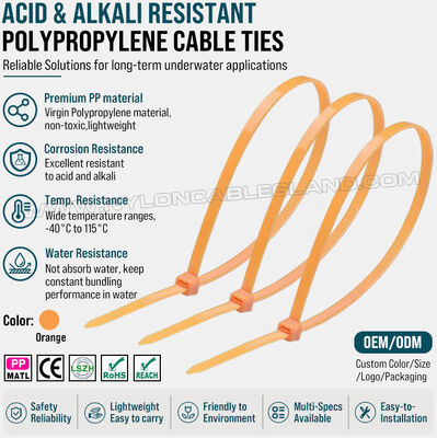 Collier de serrage polypropylène (PP) 3,6 x 200 mm, excellente résistance aux produits chimiques, acides et alcalis, faible absorption d'eau, pour l'industrie aquacole