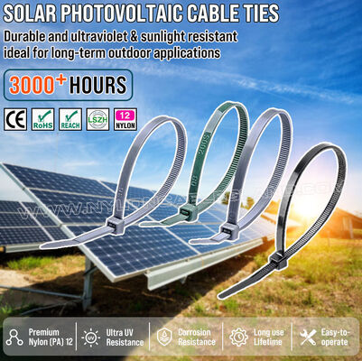 Collier de câblage en nylon (PA) 12 résistant aux UV 300mm x 4,8 (Ø 3-80 mm), excellente résistance au sel et aux produits chimiques, pour l'industrie solaire photovoltaïque