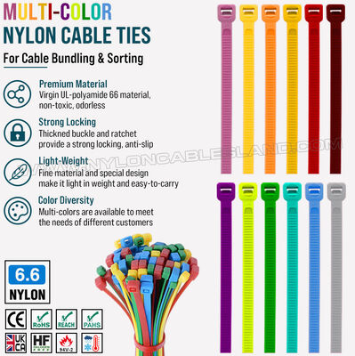 Attache de serrage colorée 200 mm x 4.8, lien de serrage multicolore en nylon 66 réglable de 3 à 50 mm pour gestion visuelle des câbles