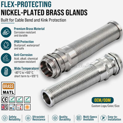 Presse-étoupe métallique spiralé hélicoïdal anti-pliage en laiton nickelé, PG13,5 (Ø 6-12 mm), DIN 40430/EN 62444, pour protection des coudes de câble