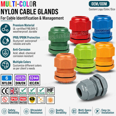 Glandes de câbles colorés, en nylon 6 (polyamide 6, PA6), PG13.5 (6-12 mm et 5-9 mm), IP68/IP69K, pour l'identification visuelle et l'organisation du câble