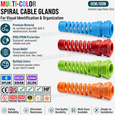 Glande du câble de soulagement de la contrainte de couleur Nylon 6 (polyamide 6/PA6), PG13.5 (Ø 6-12 mm et 5-9 mm), IP68 et IP69K, pour l'identification et l'organisation du câble