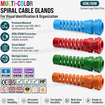 Presse-étoupe anti-traction spiralé coloré en nylon 6 (polyamide 6/PA6), PG13,5 (Ø 6-12 mm et 5-9 mm), IP68 et IP69K, pour l'identification et l'organisation des câbles