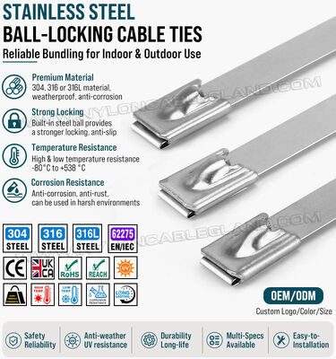 Collier serre-câble en acier inoxydable non revêtu type 316L, 316, 304, largeur 12 mm x longueur 350-1100 mm, 675 lb (306 kg / 3000 N), pour fabrication industrielle et machines