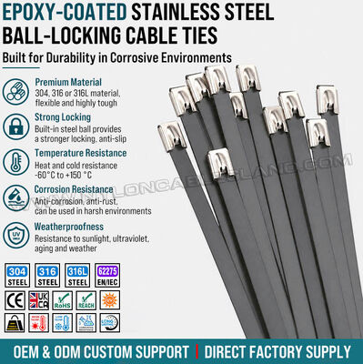 Des câbles métalliques noirs recouverts d'époxy, de type verrouillage à billes, en acier inoxydable 316L/316/304, largeur 7,9 mm x longueur 150-1000 mm, pour les environnements corrosifs