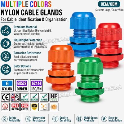 Presse-étoupes PG13.5 en plastique (nylon) coloré à filetage long, IP68 / IP69K, pour câbles de 6-12 mm ou de 5-9 mm