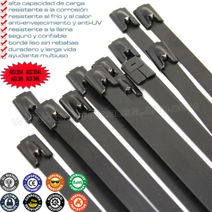 Collier de serrage (cable ties) métallique en acier inoxydable 304/316 entièrement enduit de polyester 200 mm x 7,9 mm (380 lb) pour câbles
