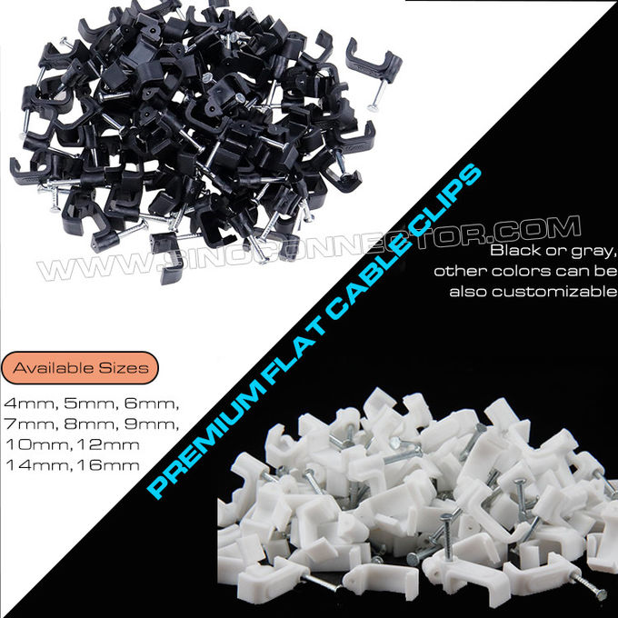 Clips serre plats plastique, organisateurs de fils blancs,  Clips serre-câbles plats 4mm~19mm, organisateurs de cordons noirs avec clous en ciment pour câbles carrés