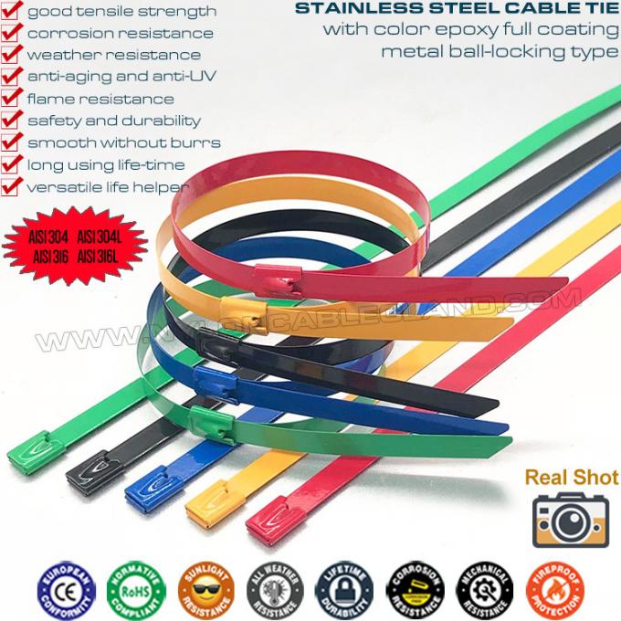 Collier de serrage acier inoxydable 304/316 entièrement revêtu d'époxy polyester 500mm x 7.9, lien de serrage métallique recouvert de plastique nylon (Ø13-128mm, 380lb) pour organiser câbles