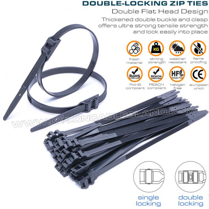 Liens de serrage à double verrouillage /colliers attache câble à double tête, noir, nylon (PA) 6.6, 110lbs (500N), 9x180mm~9x760mm, usage extérieur