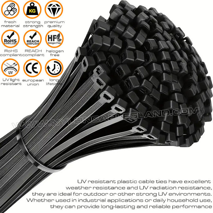 Collier serre-câble résistant aux UV attache de serrage plastique nylon 6.6 noir 200mm x 4.8 (22kg, 50lb, 222N) pour environnements à UV élevé