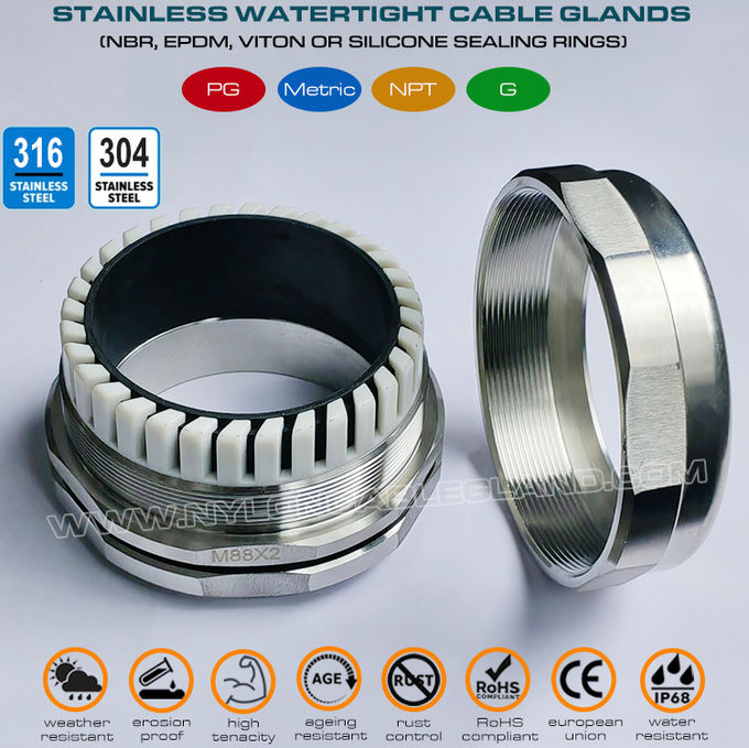 Presse-étoupe étanche acier inoxydable 304, connecteur presse-étoupe métrique M88x2 acier inoxydable 316 ajustable de 65~70mm IP68 pour gros câbles