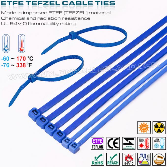 Collier de serrage Téflon bleu 200 x 4.8mm, collier ETFE 94V-0 serre-câble Tefzel 50lb résistant aux produits chimiques pour environnements extrêmes