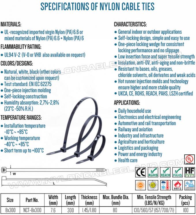 Specifications of Plastic Tie Wrap 7.6x300mm Heavy-Duty Nylon 6.6 Cable Tie, Ã8-80mm Adjustable Polyamide 6.6 Zip Tie c/w 130lbs or 157lbs Strength